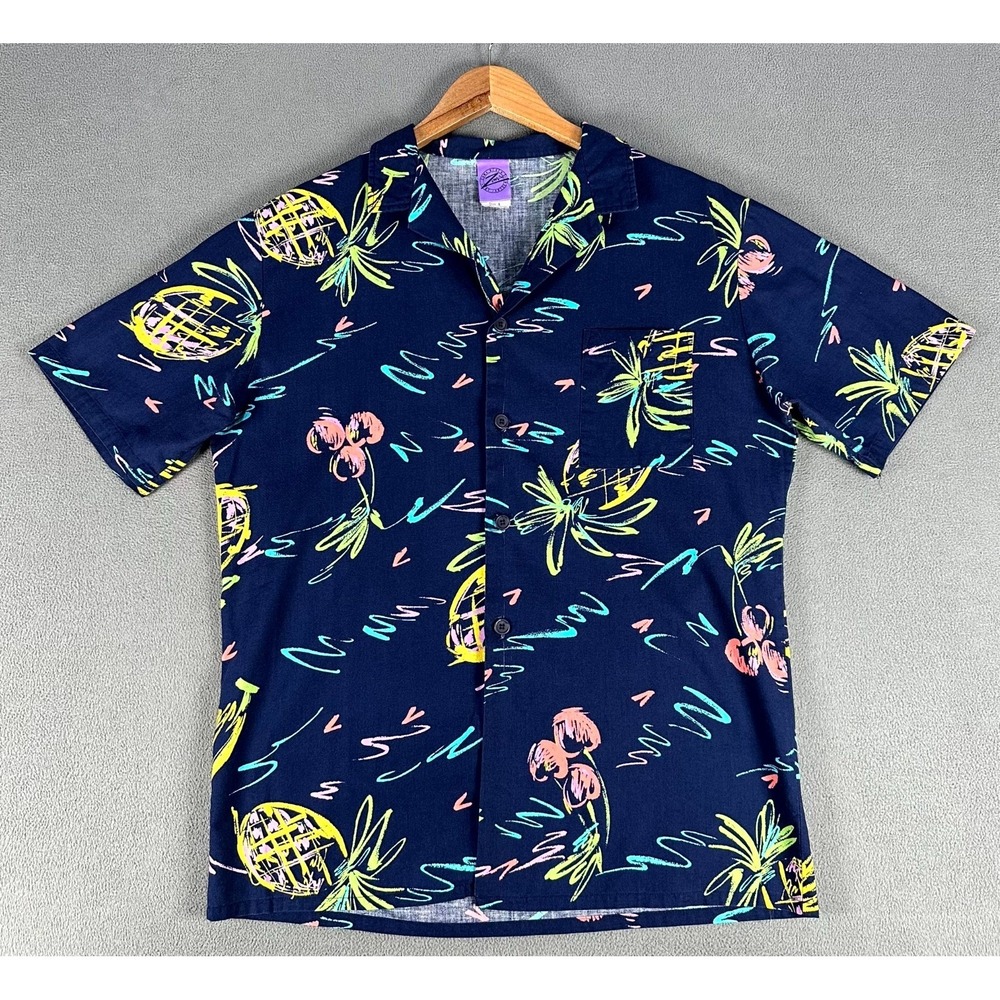 Jantzen Shirt Large Blue Zuma Beach Neon Hawaiian Pineapple Vintage Camp Collar - Picture 3 of 8